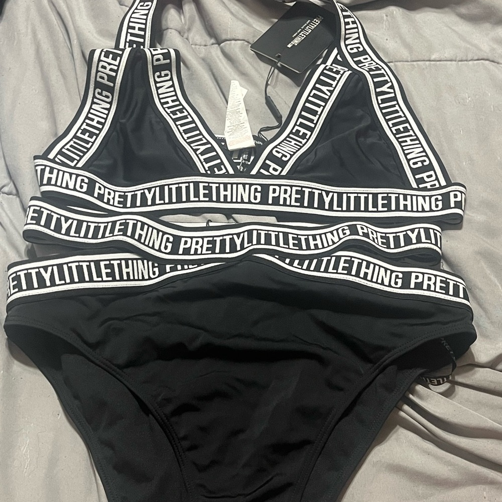 PrettyLittleThing Black Logo Bikini Set